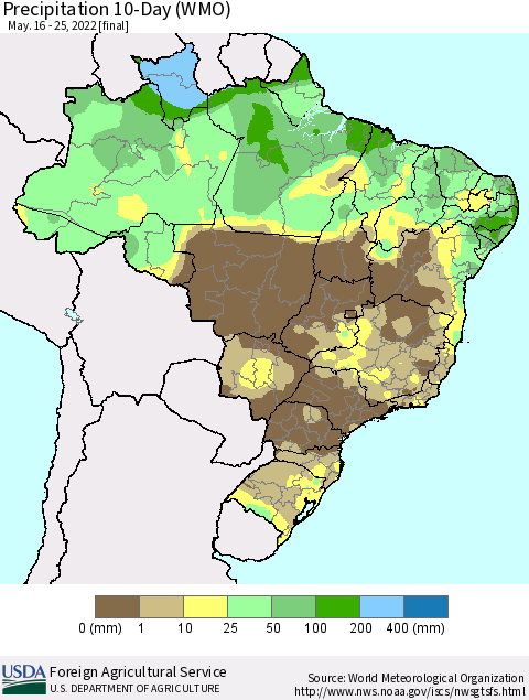 Brazil Precipitation 10-Day (WMO) Thematic Map For 5/16/2022 - 5/25/2022