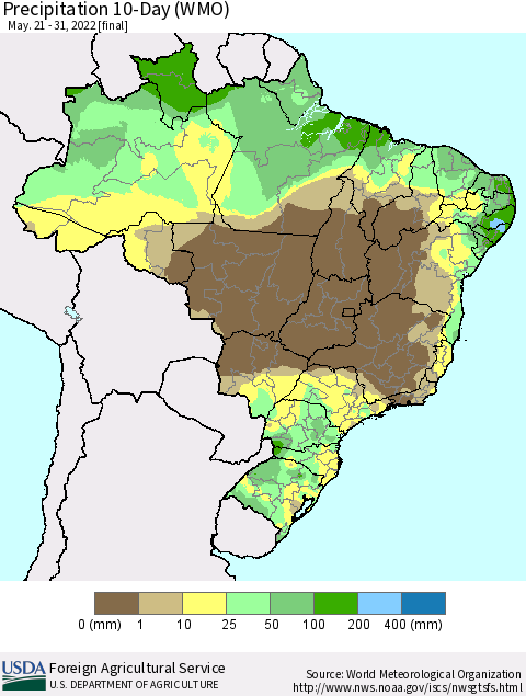 Brazil Precipitation 10-Day (WMO) Thematic Map For 5/21/2022 - 5/31/2022