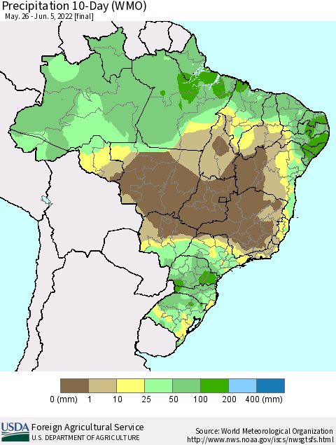 Brazil Precipitation 10-Day (WMO) Thematic Map For 5/26/2022 - 6/5/2022