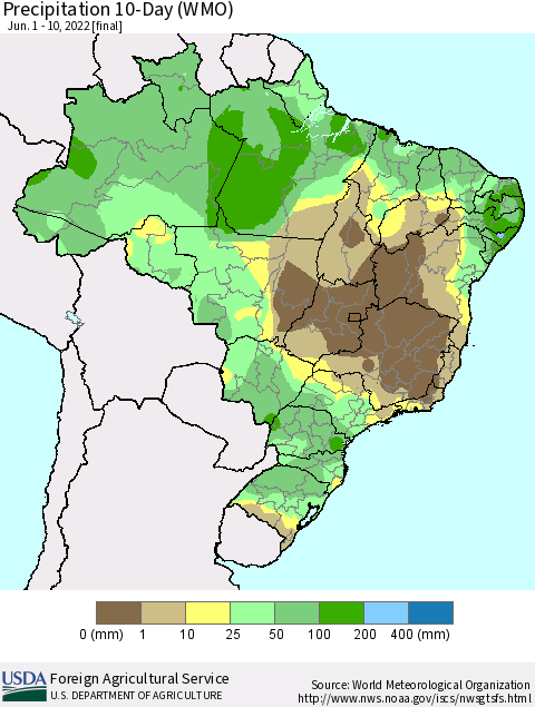 Brazil Precipitation 10-Day (WMO) Thematic Map For 6/1/2022 - 6/10/2022