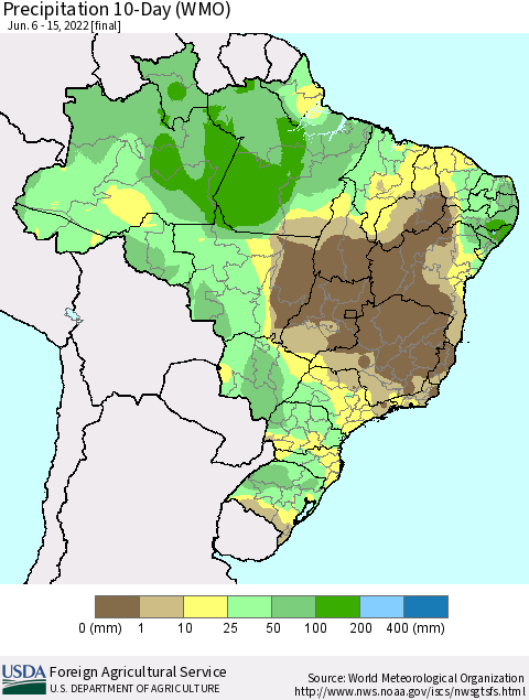 Brazil Precipitation 10-Day (WMO) Thematic Map For 6/6/2022 - 6/15/2022