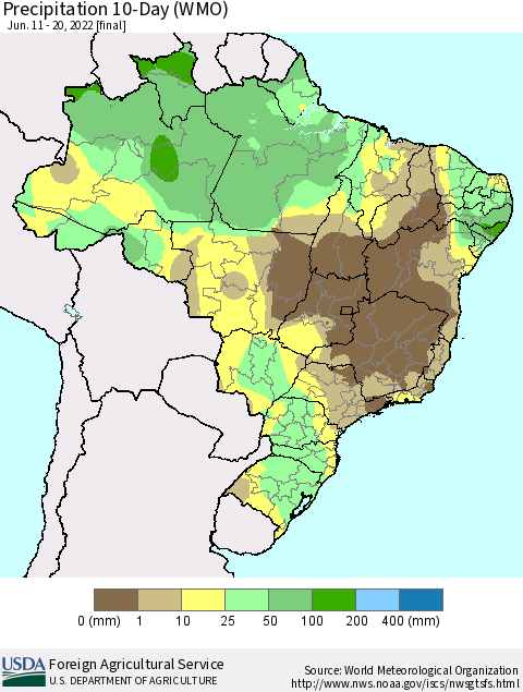 Brazil Precipitation 10-Day (WMO) Thematic Map For 6/11/2022 - 6/20/2022