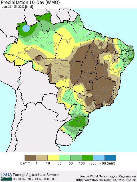 Brazil Precipitation 10-Day (WMO) Thematic Map For 6/16/2022 - 6/25/2022