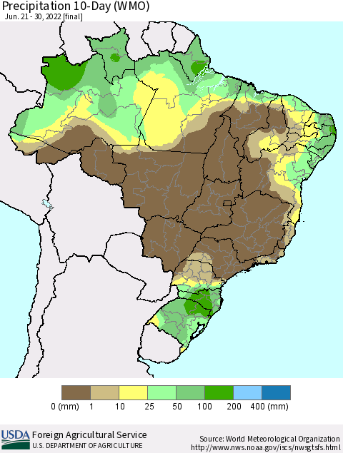 Brazil Precipitation 10-Day (WMO) Thematic Map For 6/21/2022 - 6/30/2022