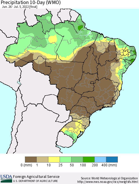 Brazil Precipitation 10-Day (WMO) Thematic Map For 6/26/2022 - 7/5/2022