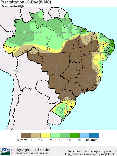 Brazil Precipitation 10-Day (WMO) Thematic Map For 7/1/2022 - 7/10/2022