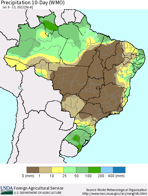 Brazil Precipitation 10-Day (WMO) Thematic Map For 7/6/2022 - 7/15/2022