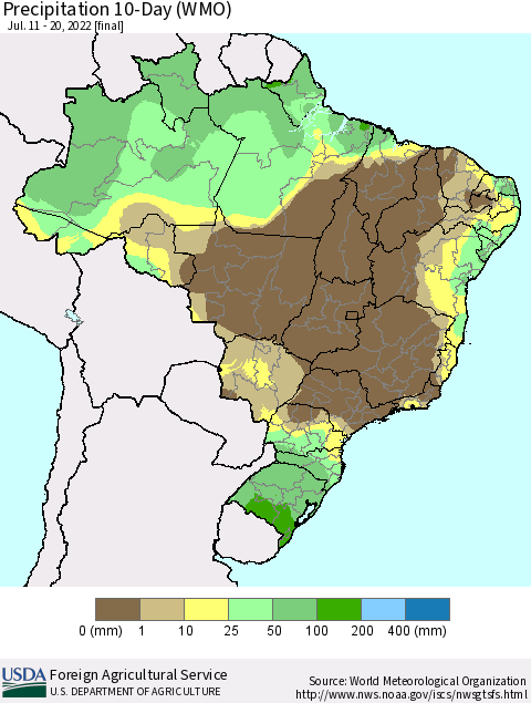 Brazil Precipitation 10-Day (WMO) Thematic Map For 7/11/2022 - 7/20/2022