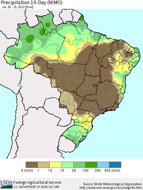 Brazil Precipitation 10-Day (WMO) Thematic Map For 7/16/2022 - 7/25/2022