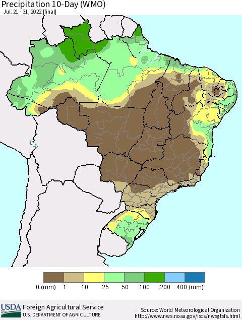 Brazil Precipitation 10-Day (WMO) Thematic Map For 7/21/2022 - 7/31/2022