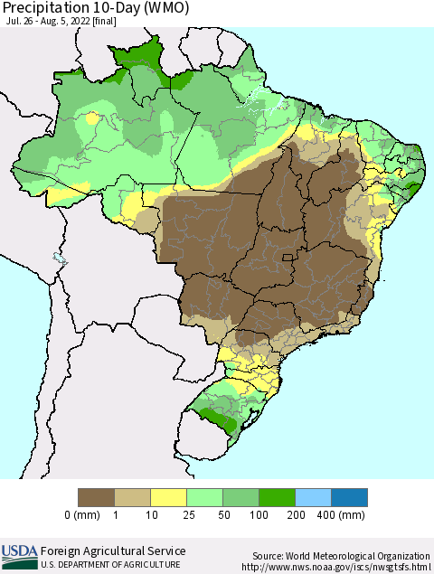 Brazil Precipitation 10-Day (WMO) Thematic Map For 7/26/2022 - 8/5/2022