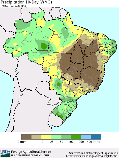 Brazil Precipitation 10-Day (WMO) Thematic Map For 8/1/2022 - 8/10/2022
