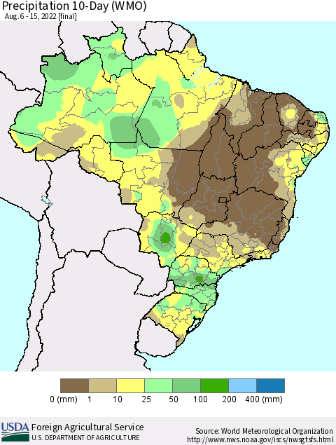 Brazil Precipitation 10-Day (WMO) Thematic Map For 8/6/2022 - 8/15/2022