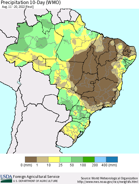 Brazil Precipitation 10-Day (WMO) Thematic Map For 8/11/2022 - 8/20/2022