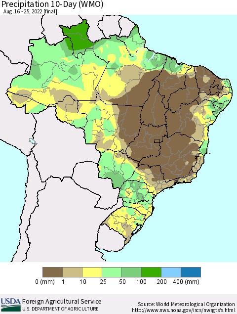 Brazil Precipitation 10-Day (WMO) Thematic Map For 8/16/2022 - 8/25/2022