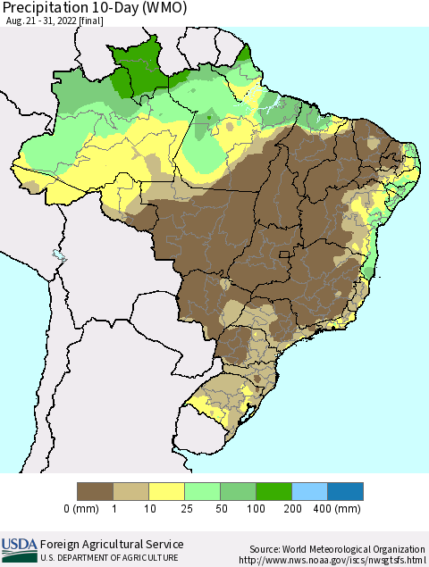 Brazil Precipitation 10-Day (WMO) Thematic Map For 8/21/2022 - 8/31/2022