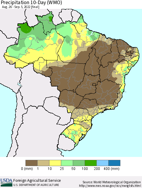 Brazil Precipitation 10-Day (WMO) Thematic Map For 8/26/2022 - 9/5/2022