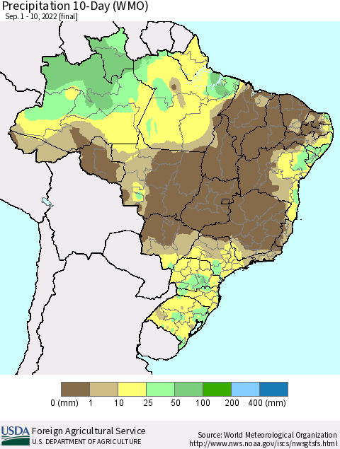 Brazil Precipitation 10-Day (WMO) Thematic Map For 9/1/2022 - 9/10/2022