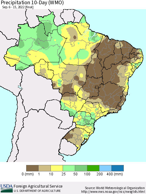 Brazil Precipitation 10-Day (WMO) Thematic Map For 9/6/2022 - 9/15/2022
