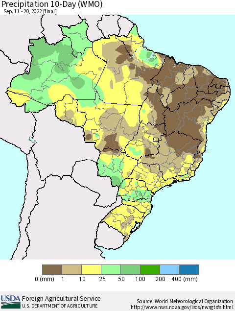 Brazil Precipitation 10-Day (WMO) Thematic Map For 9/11/2022 - 9/20/2022