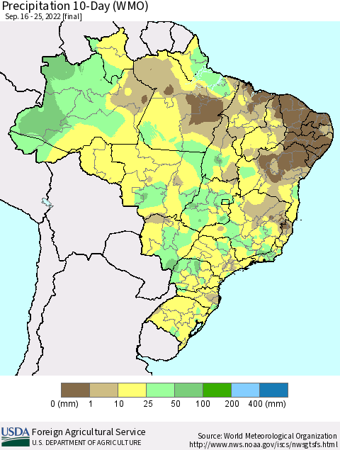Brazil Precipitation 10-Day (WMO) Thematic Map For 9/16/2022 - 9/25/2022