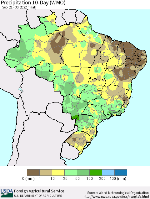 Brazil Precipitation 10-Day (WMO) Thematic Map For 9/21/2022 - 9/30/2022