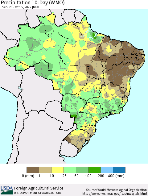 Brazil Precipitation 10-Day (WMO) Thematic Map For 9/26/2022 - 10/5/2022