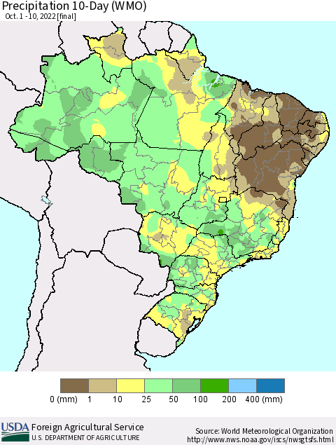 Brazil Precipitation 10-Day (WMO) Thematic Map For 10/1/2022 - 10/10/2022