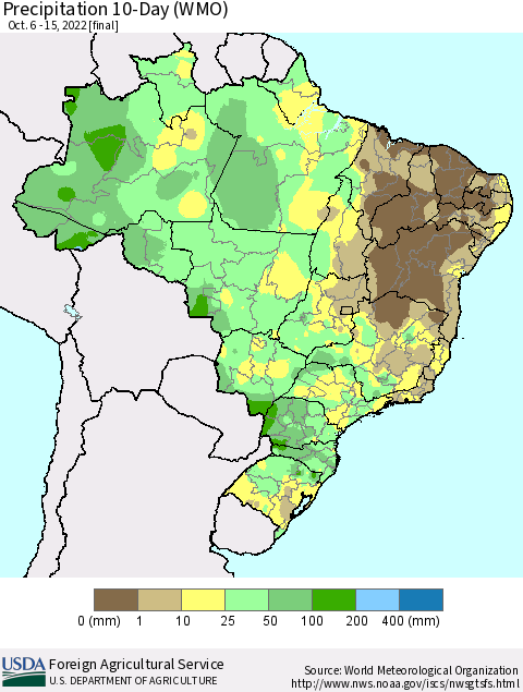 Brazil Precipitation 10-Day (WMO) Thematic Map For 10/6/2022 - 10/15/2022