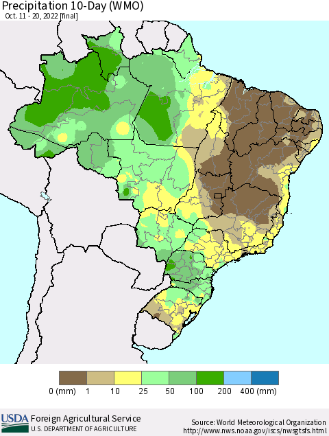 Brazil Precipitation 10-Day (WMO) Thematic Map For 10/11/2022 - 10/20/2022