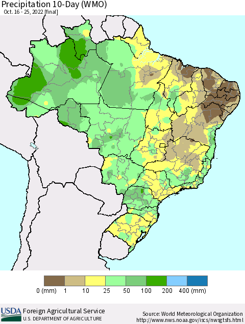 Brazil Precipitation 10-Day (WMO) Thematic Map For 10/16/2022 - 10/25/2022