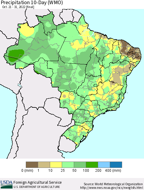Brazil Precipitation 10-Day (WMO) Thematic Map For 10/21/2022 - 10/31/2022