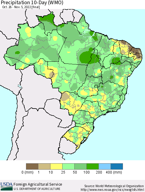 Brazil Precipitation 10-Day (WMO) Thematic Map For 10/26/2022 - 11/5/2022