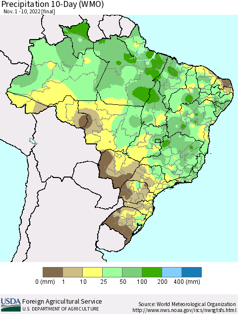 Brazil Precipitation 10-Day (WMO) Thematic Map For 11/1/2022 - 11/10/2022