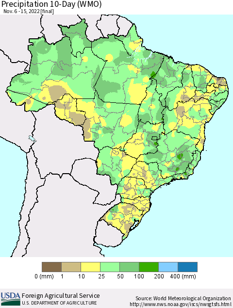 Brazil Precipitation 10-Day (WMO) Thematic Map For 11/6/2022 - 11/15/2022