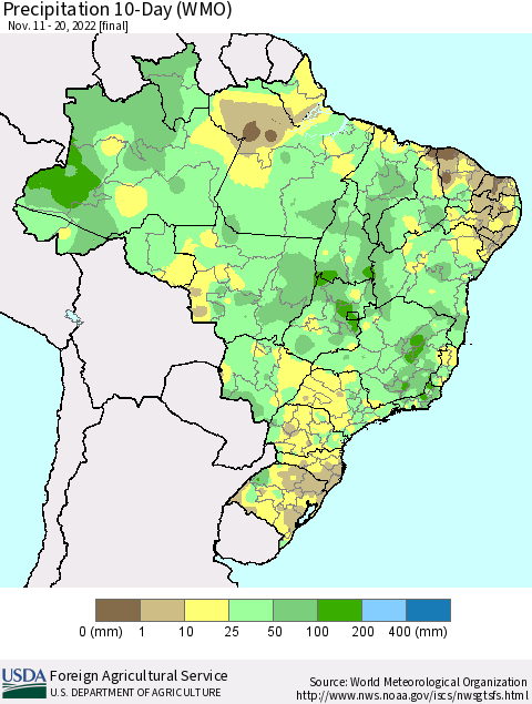 Brazil Precipitation 10-Day (WMO) Thematic Map For 11/11/2022 - 11/20/2022