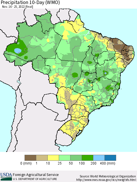 Brazil Precipitation 10-Day (WMO) Thematic Map For 11/16/2022 - 11/25/2022