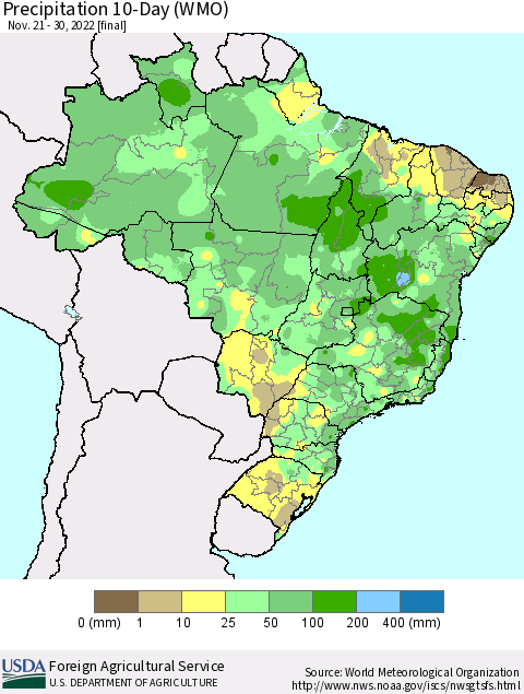 Brazil Precipitation 10-Day (WMO) Thematic Map For 11/21/2022 - 11/30/2022