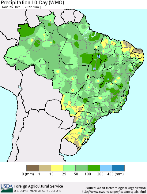 Brazil Precipitation 10-Day (WMO) Thematic Map For 11/26/2022 - 12/5/2022