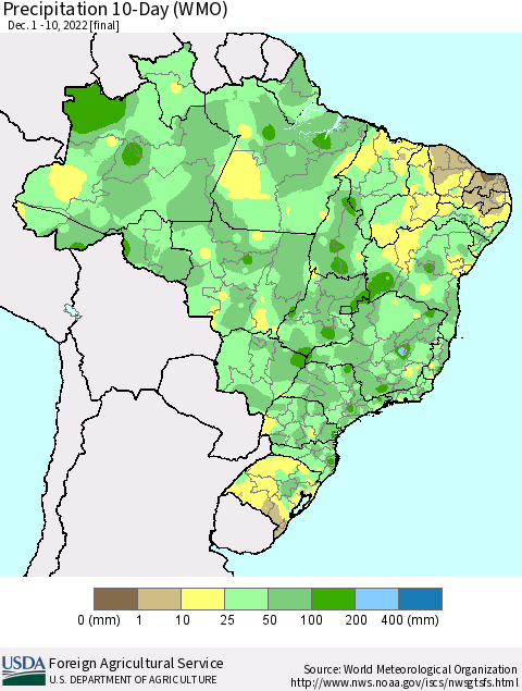 Brazil Precipitation 10-Day (WMO) Thematic Map For 12/1/2022 - 12/10/2022