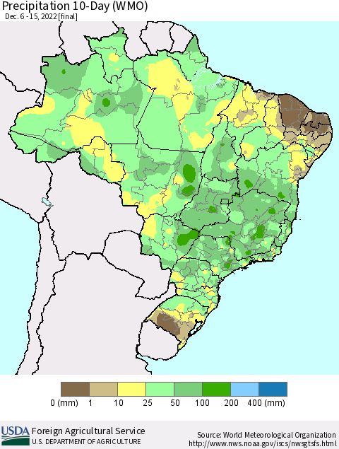 Brazil Precipitation 10-Day (WMO) Thematic Map For 12/6/2022 - 12/15/2022