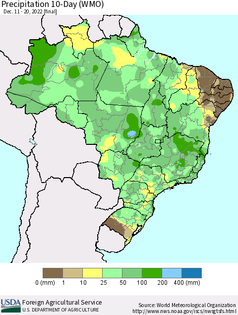 Brazil Precipitation 10-Day (WMO) Thematic Map For 12/11/2022 - 12/20/2022