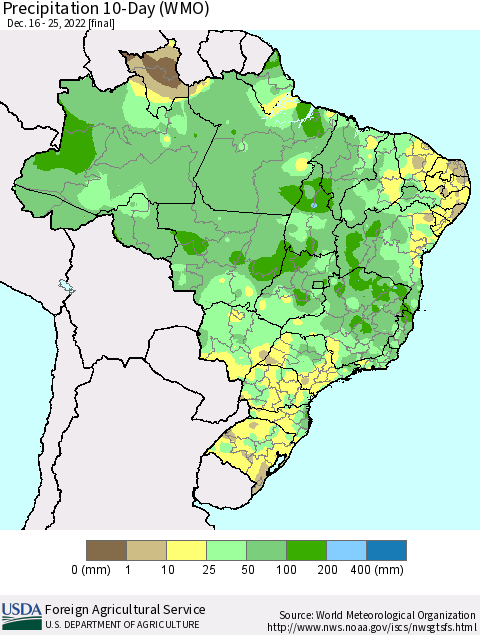 Brazil Precipitation 10-Day (WMO) Thematic Map For 12/16/2022 - 12/25/2022