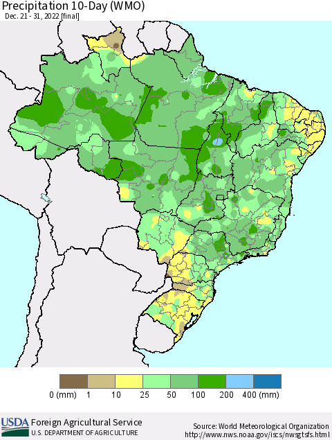 Brazil Precipitation 10-Day (WMO) Thematic Map For 12/21/2022 - 12/31/2022