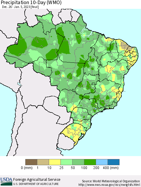 Brazil Precipitation 10-Day (WMO) Thematic Map For 12/26/2022 - 1/5/2023
