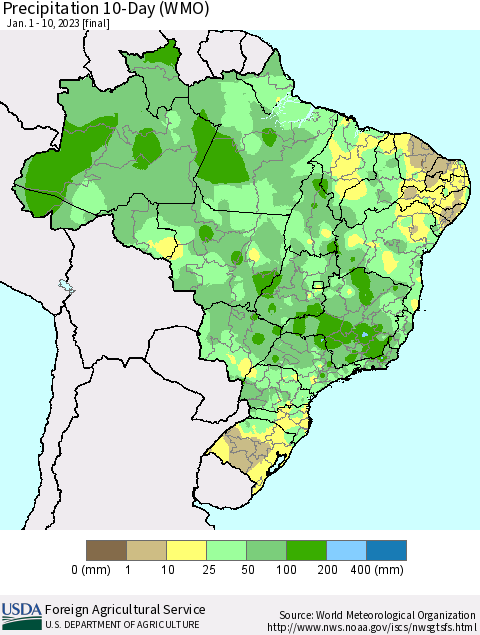 Brazil Precipitation 10-Day (WMO) Thematic Map For 1/1/2023 - 1/10/2023