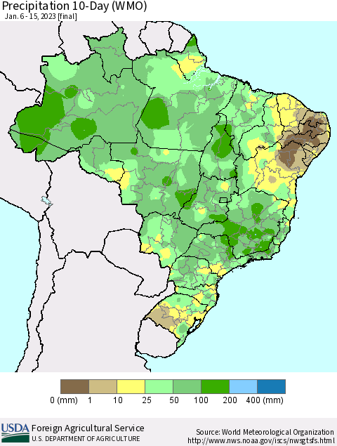 Brazil Precipitation 10-Day (WMO) Thematic Map For 1/6/2023 - 1/15/2023