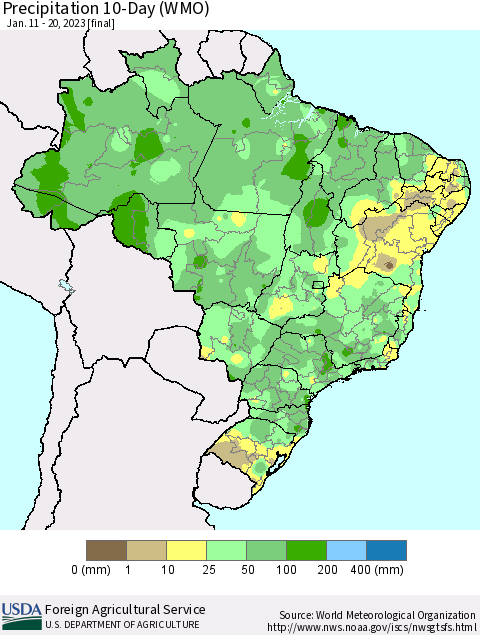 Brazil Precipitation 10-Day (WMO) Thematic Map For 1/11/2023 - 1/20/2023