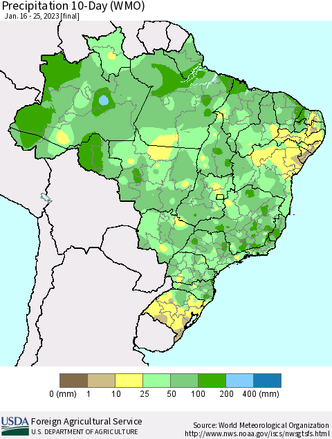 Brazil Precipitation 10-Day (WMO) Thematic Map For 1/16/2023 - 1/25/2023