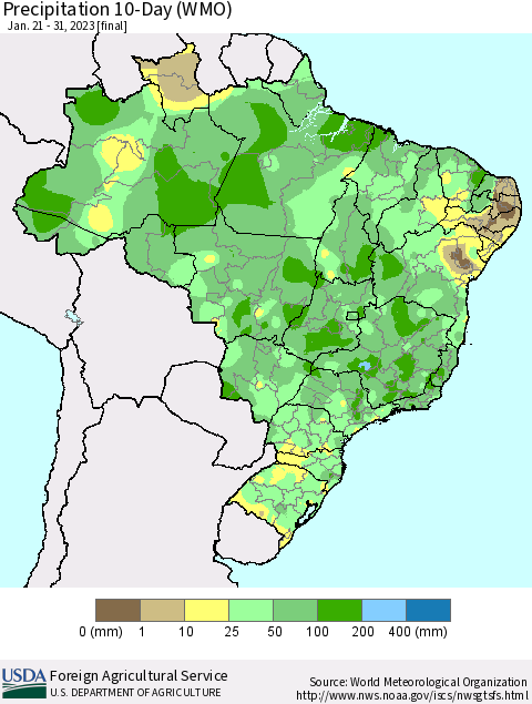 Brazil Precipitation 10-Day (WMO) Thematic Map For 1/21/2023 - 1/31/2023
